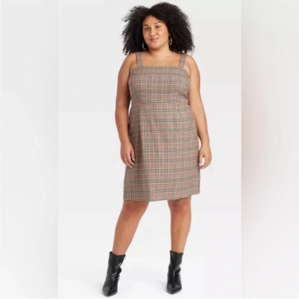 Women's Tailored Mini A-Line Dress - Ava & Viv™ Tan and Rust Plaid - Picture 1 of 5